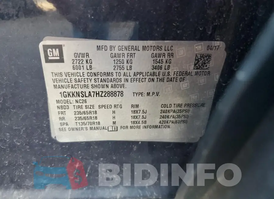 1GKKNSLA7HZ288878 Photo# 13