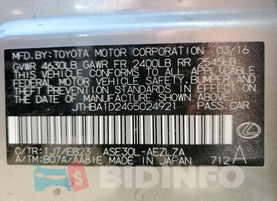 JTHBA1D24G5024921 Photo# 13
