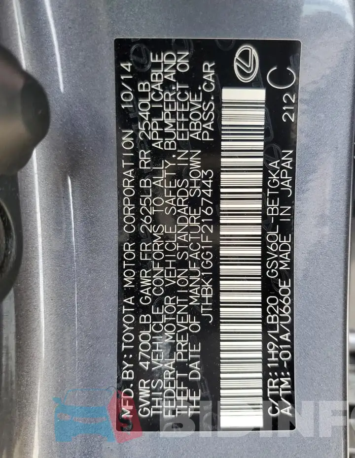 JTHBK1GG1F2167443 Photo# 13