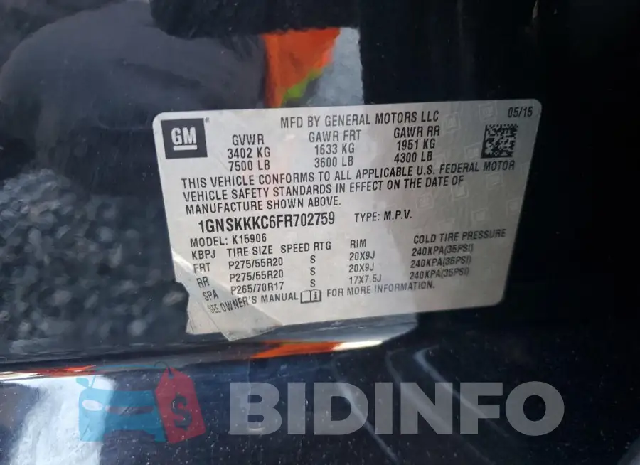 1GNSKKKC6FR702759 Photo# 13