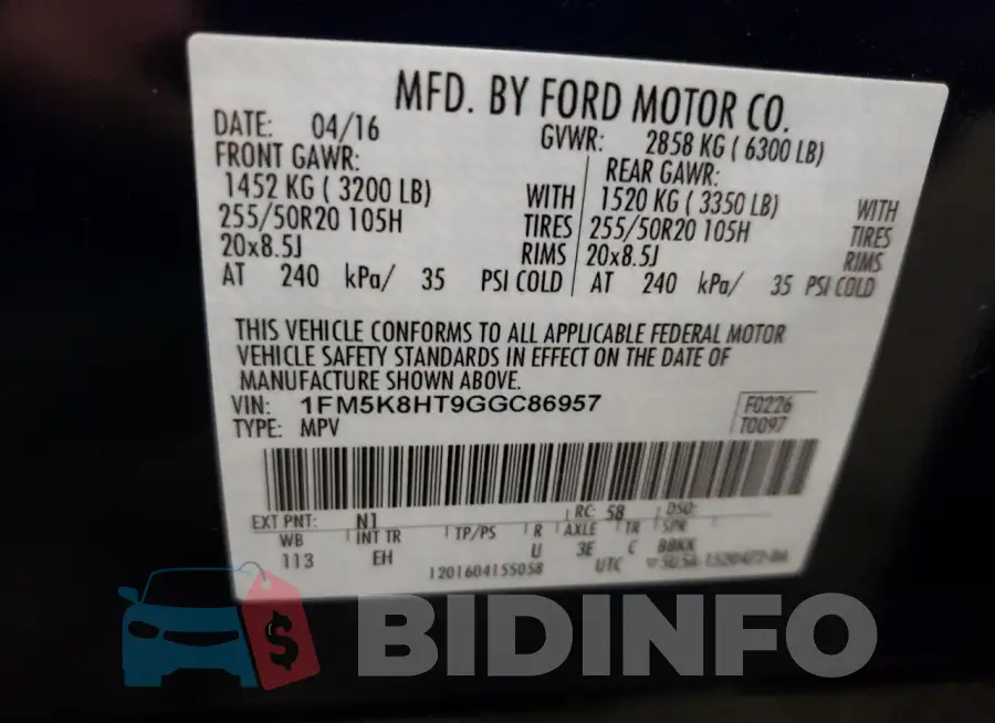 1FM5K8HT9GGC86957 Photo# 13