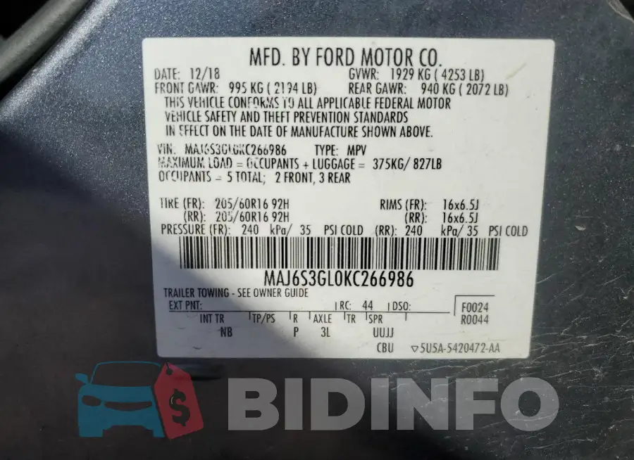 MAJ6S3GL0KC266986 Photo# 13