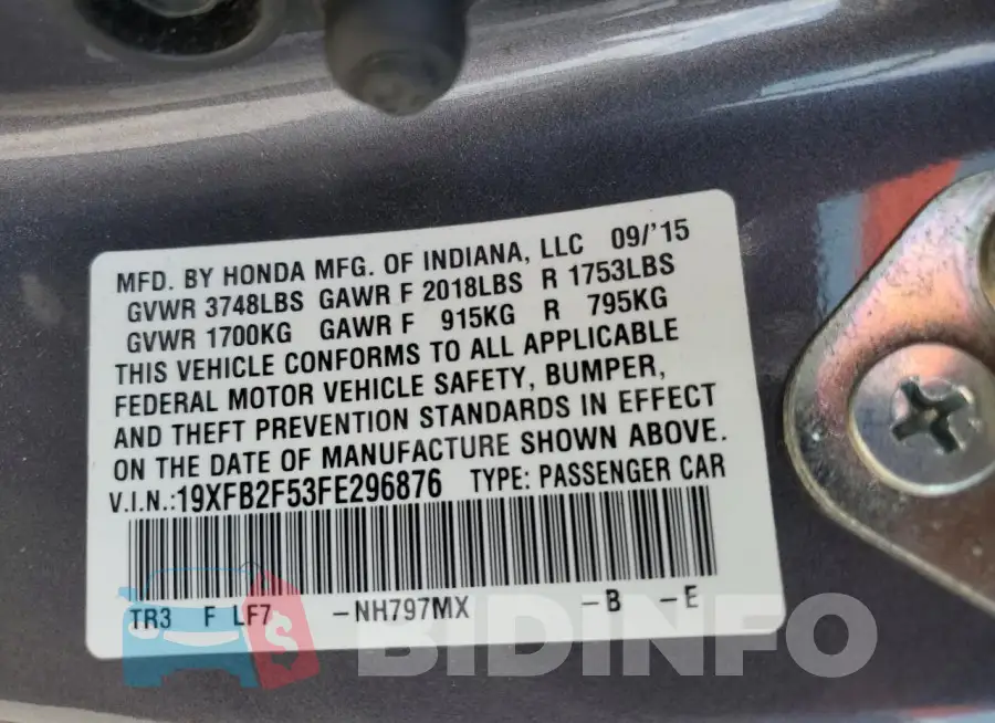 19XFB2F53FE296876 Photo# 12