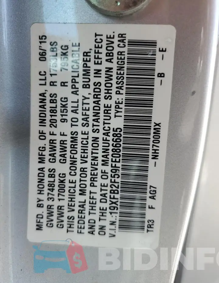 19XFB2F59FE086685 Photo# 12