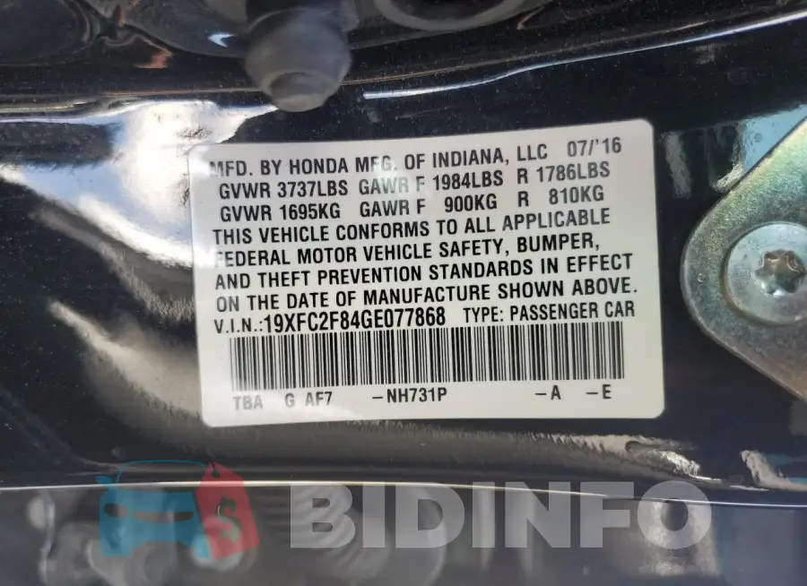 19XFC2F84GE077868 Photo# 12