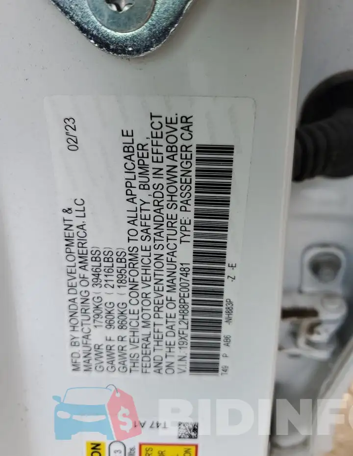 19XFL2H88PE007481 Photo# 12