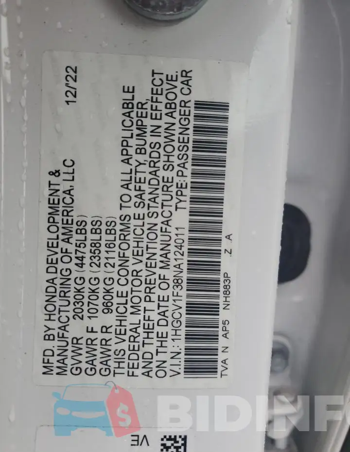 1HGCV1F38NA124011 Photo# 12