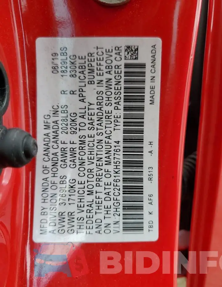 2HGFC2F61KH577614 Photo# 12