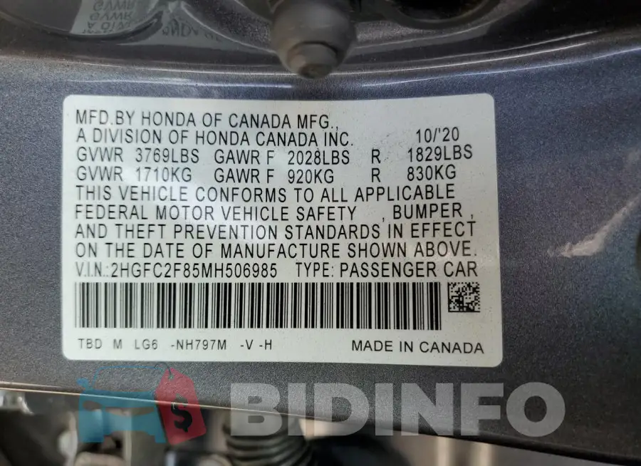 2HGFC2F85MH506985 Photo# 12