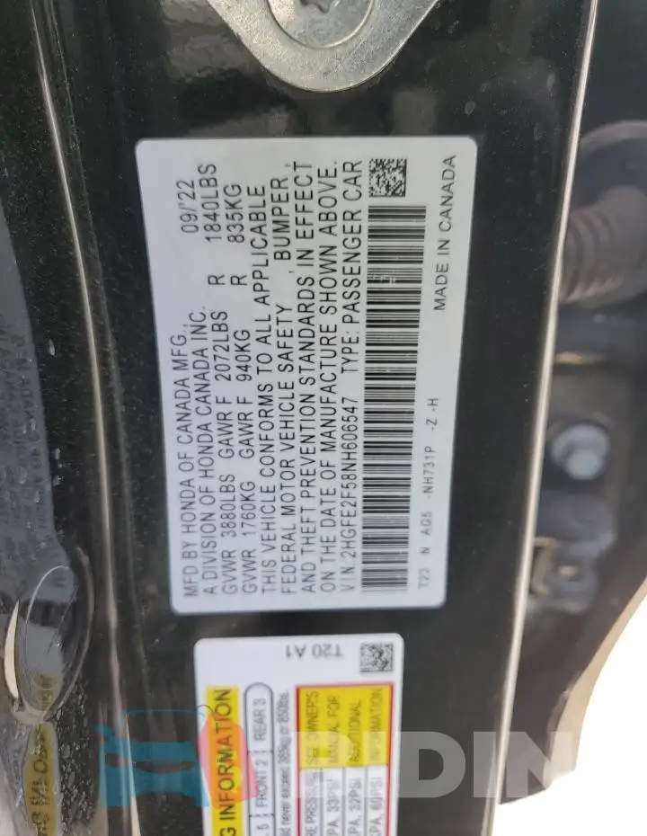 2HGFE2F58NH606547 Photo# 12