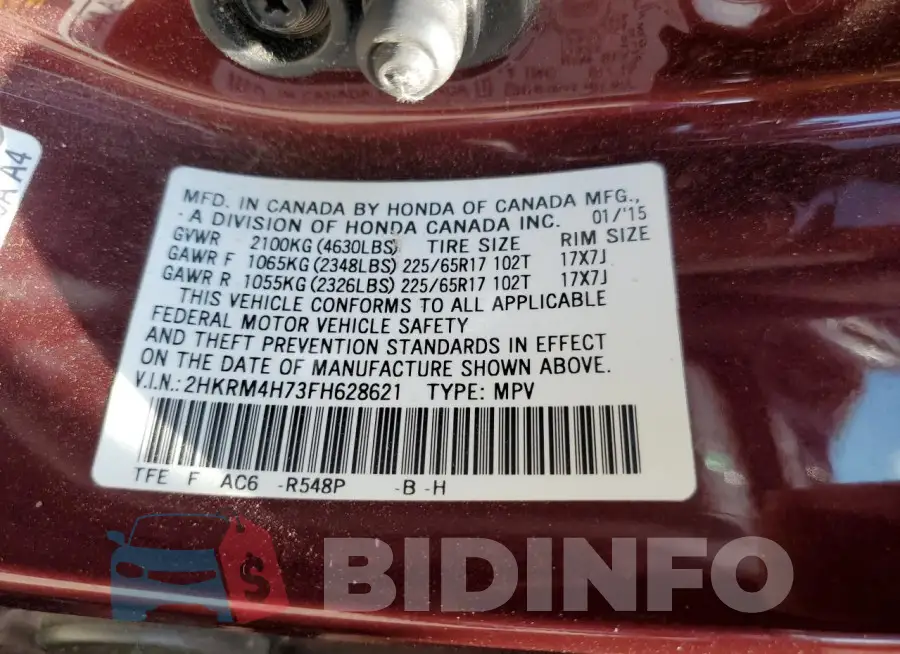 2HKRM4H73FH628621 Photo# 12