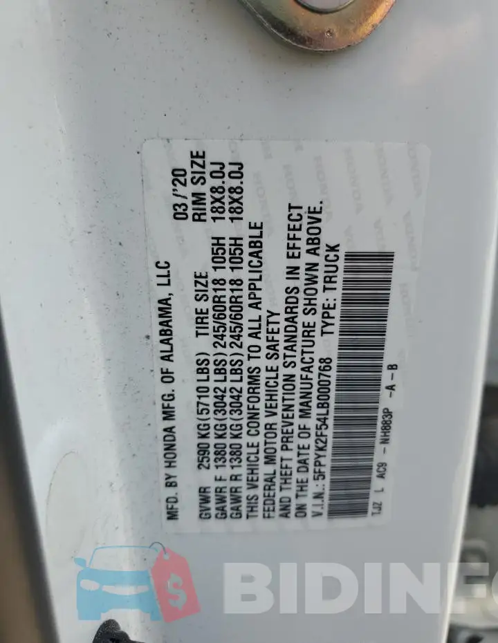 5FPYK2F54LB000768 Photo# 13