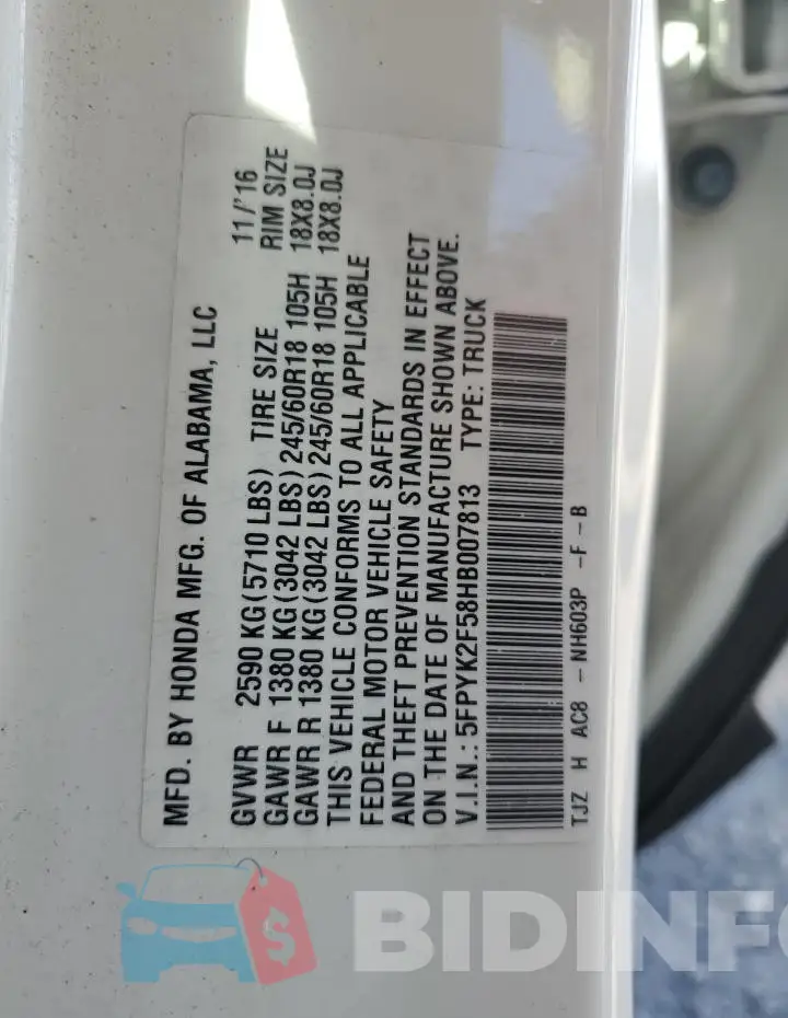 5FPYK2F58HB007813 Photo# 12
