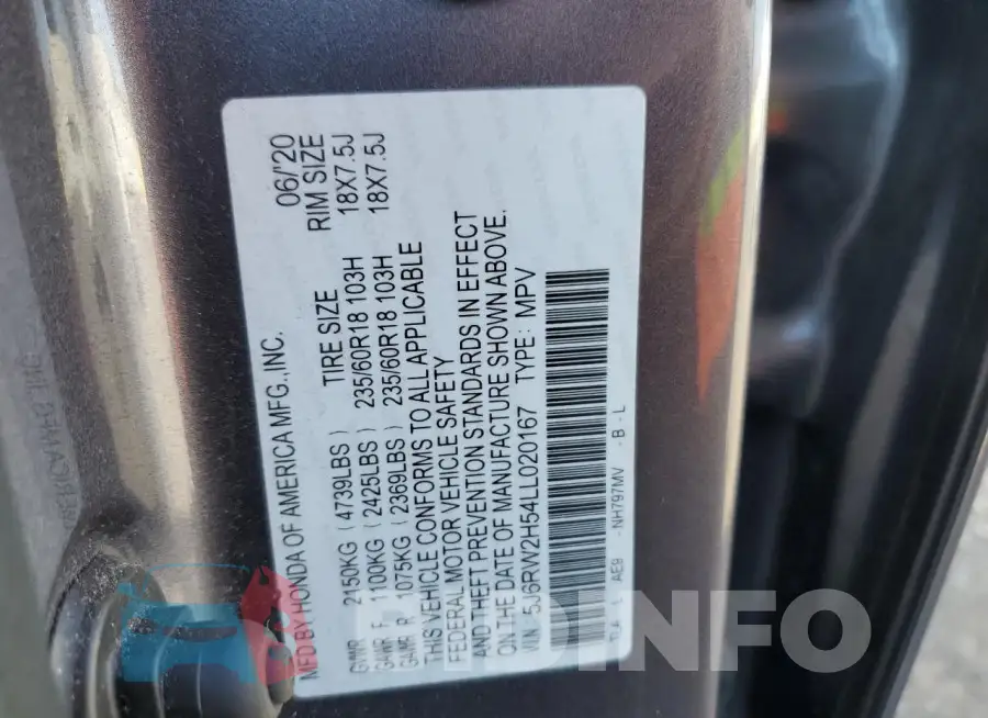 5J6RW2H54LL020167 Photo# 13