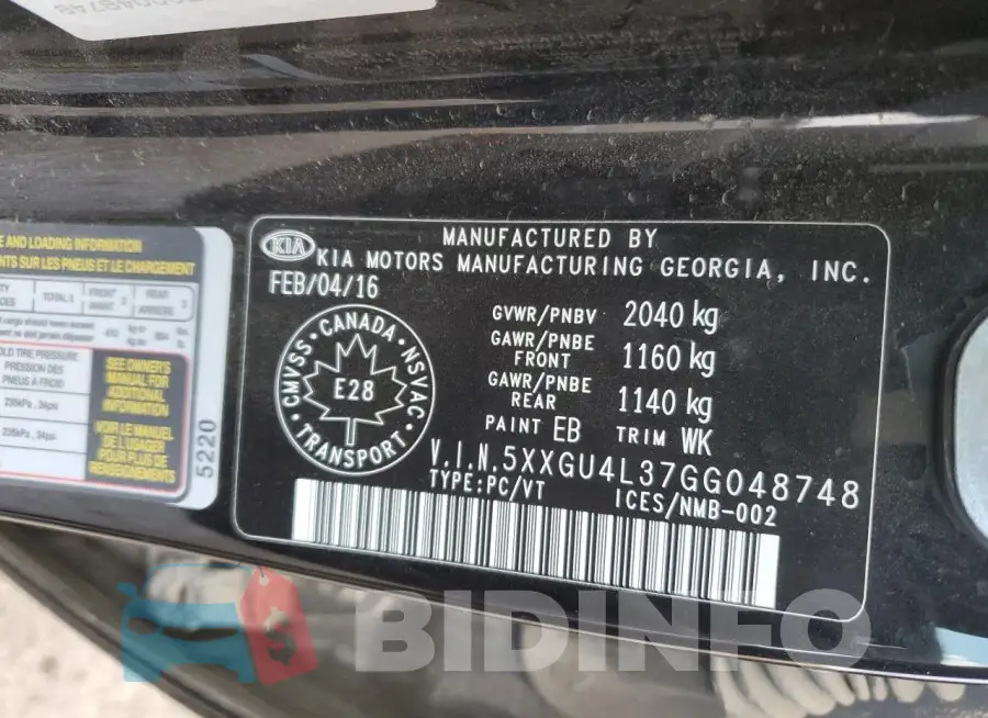 5XXGU4L37GG048748 Photo# 13