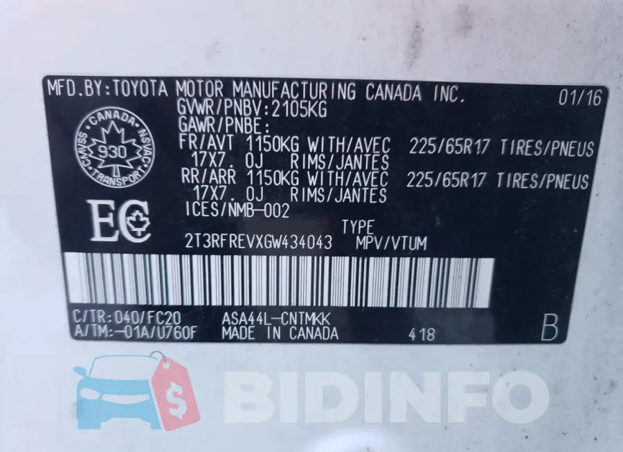 2T3RFREVXGW434043 Photo# 14