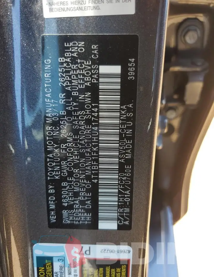 4T1BF1FK1HU417441 Photo# 12