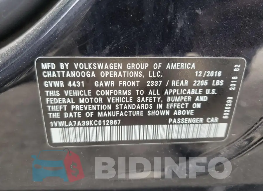1VWLA7A39KC012867 Photo# 12