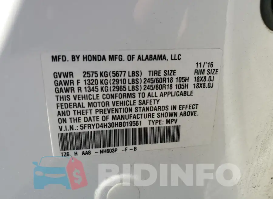 5FRYD4H30HB019561 Photo# 13