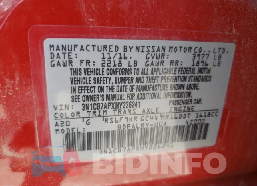 3N1CB7APXHY226241 Photo# 12