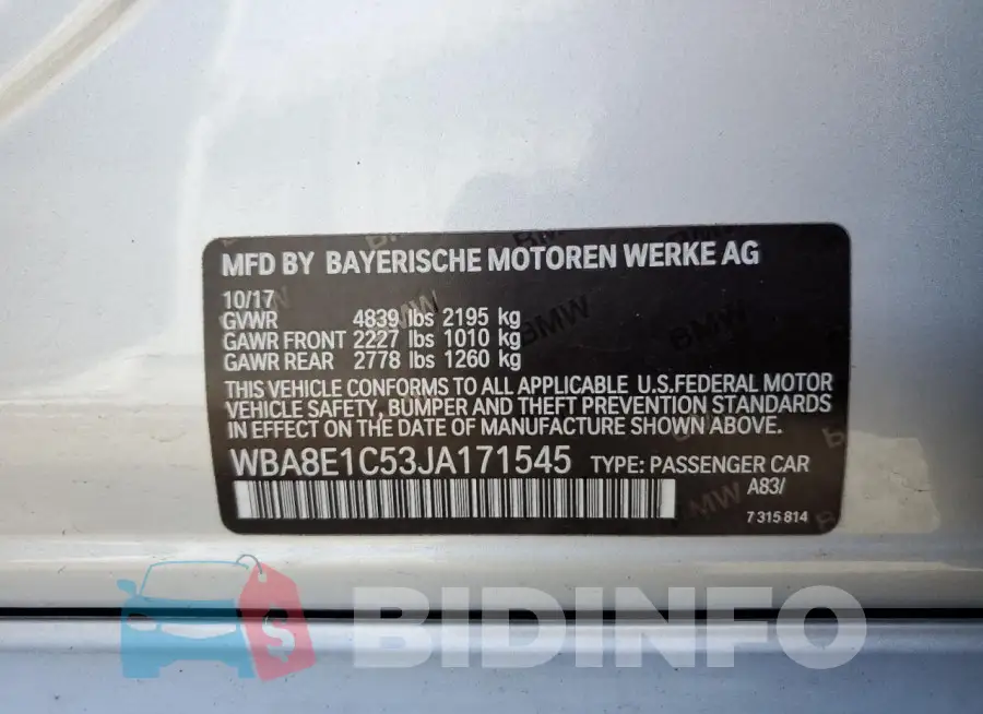 WBA8E1C53JA171545 Photo# 12