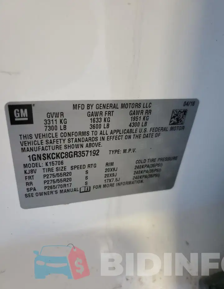 1GNSKCKC8GR357192 Photo# 14