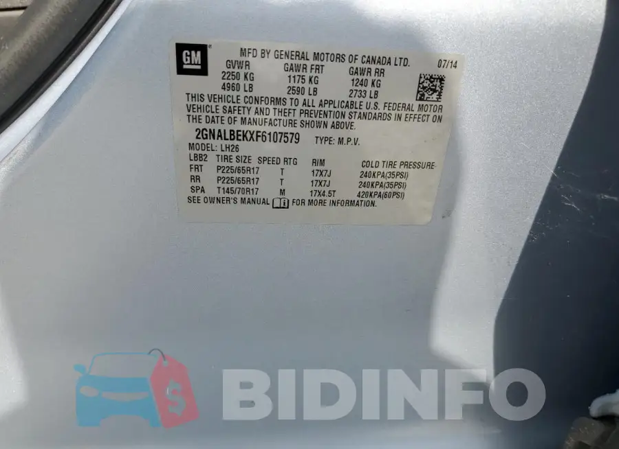 2GNALBEKXF6107579 Photo# 13