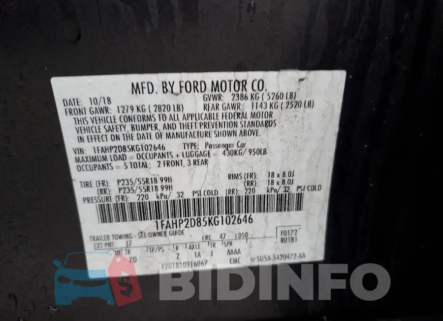 1FAHP2D85KG102646 Photo# 12
