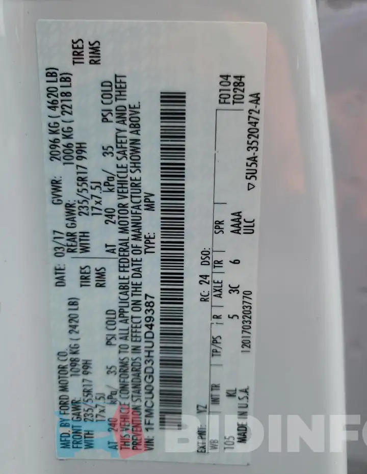 1FMCU0GD3HUD49387 Photo# 12