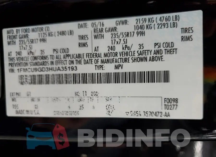 1FMCU9GD3HUA35193 Photo# 13