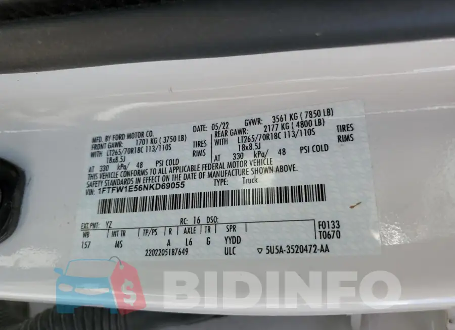 1FTFW1E56NKD69055 Photo# 12