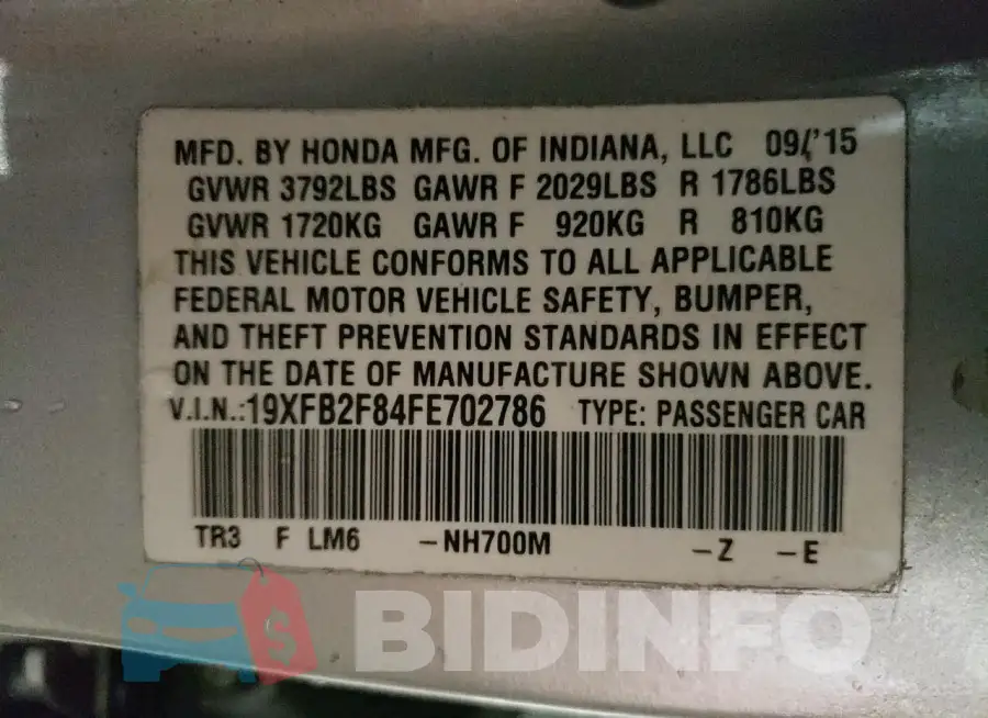 19XFB2F84FE702786 Photo# 12