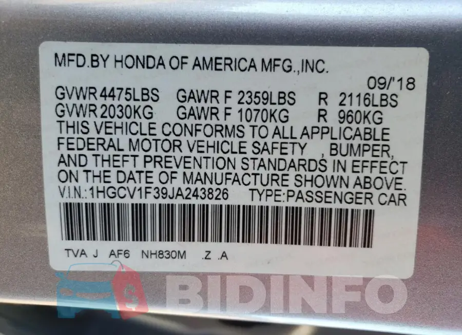 1HGCV1F39JA243826 Photo# 13