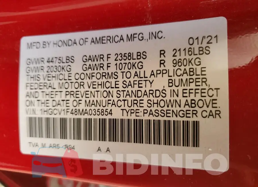 1HGCV1F48MA035854 Photo# 13