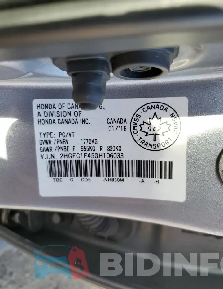 2HGFC1F45GH106033 Photo# 12