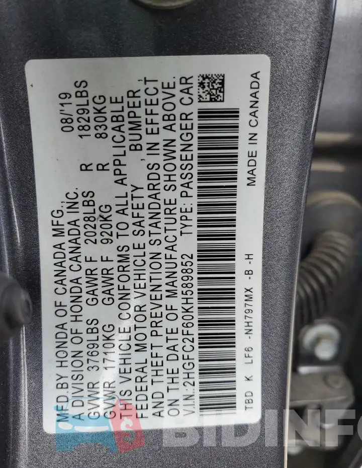 2HGFC2F60KH589852 Photo# 12