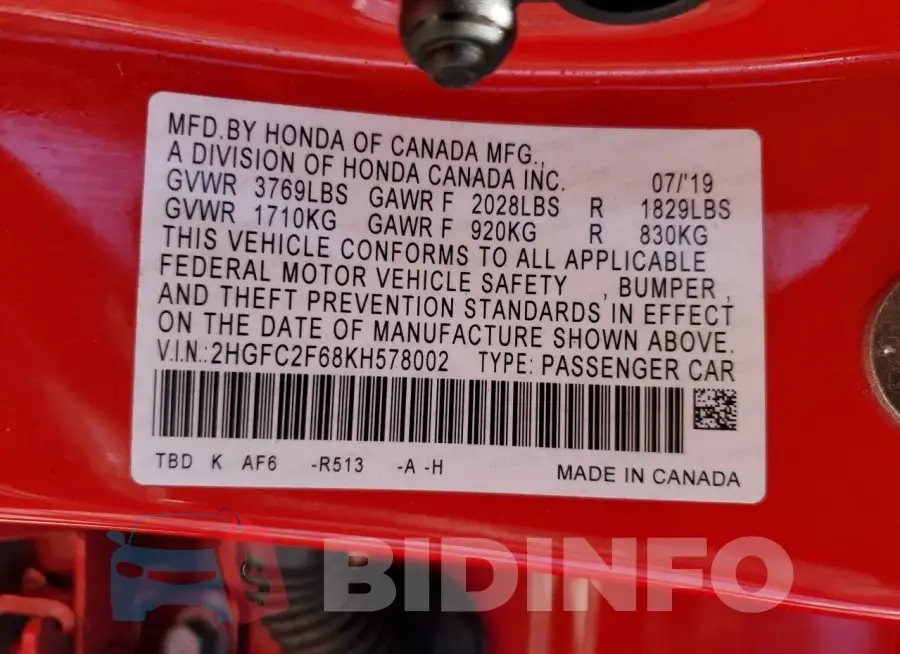 2HGFC2F68KH578002 Photo# 12