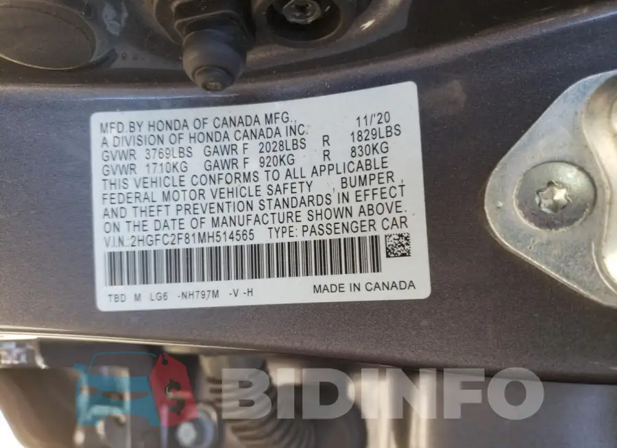 2HGFC2F81MH514565 Photo# 13