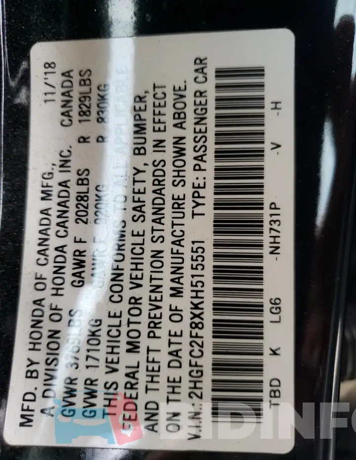 2HGFC2F8XKH515551 Photo# 12