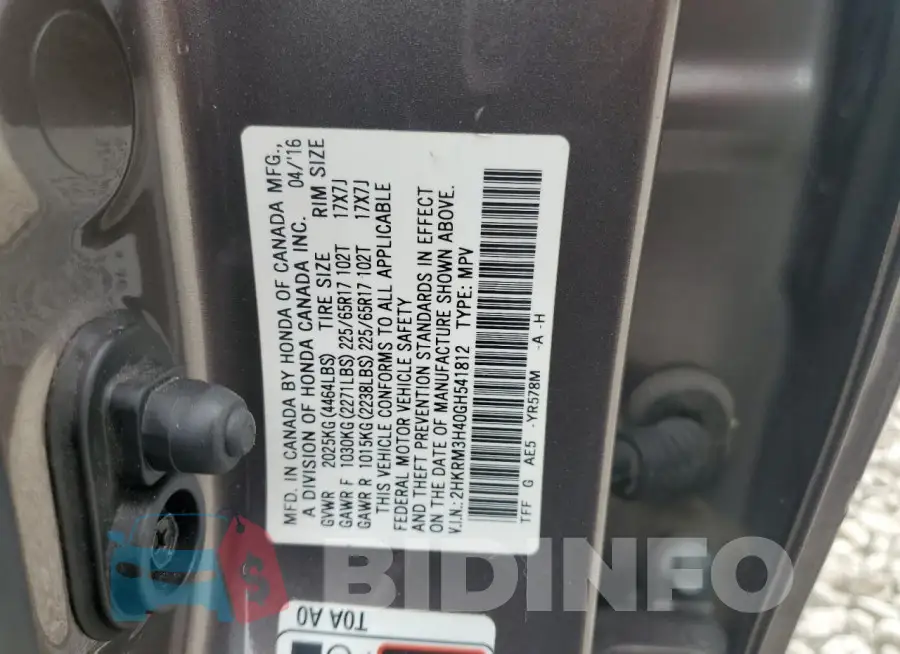 2HKRM3H40GH541812 Photo# 13