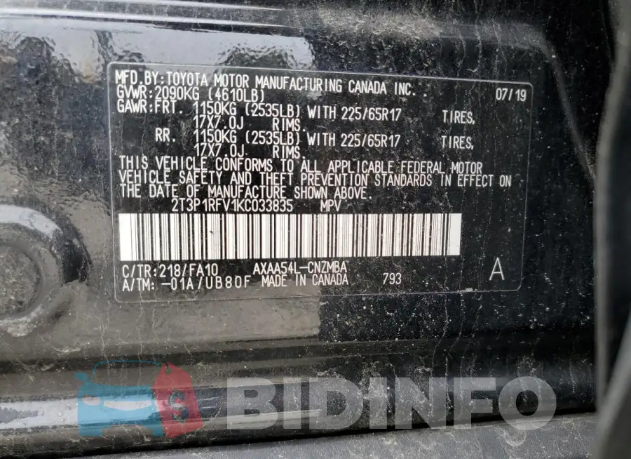 2T3P1RFV1KC033835 Photo# 14