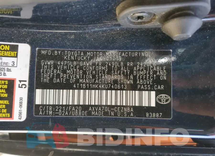 4T1B11HK4KU740613 Photo# 12