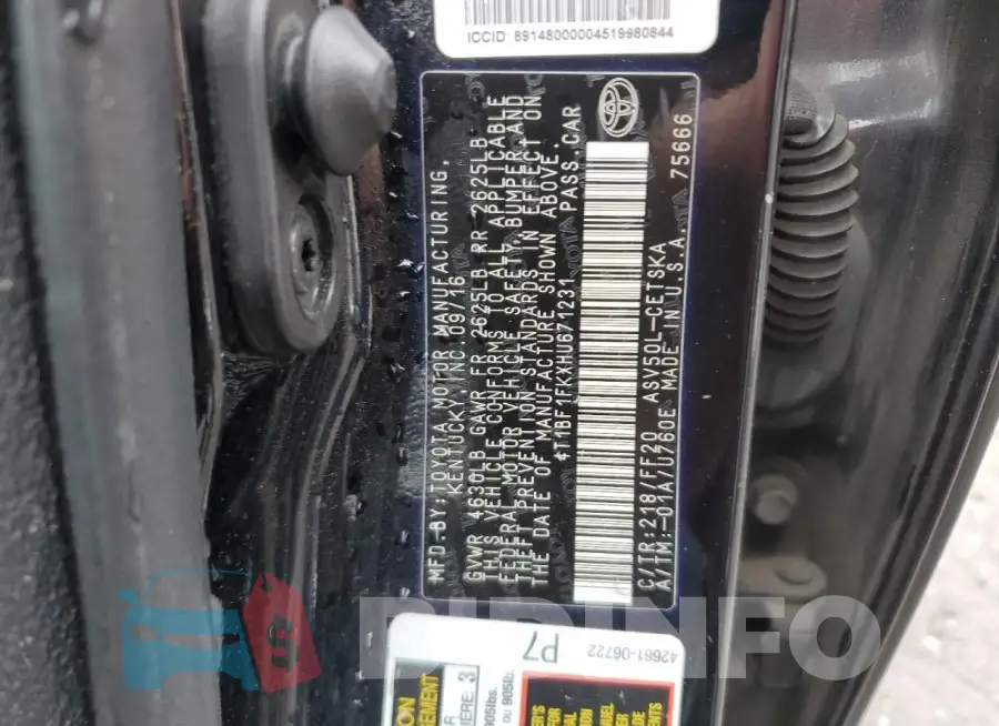 4T1BF1FKXHU671231 Photo# 12
