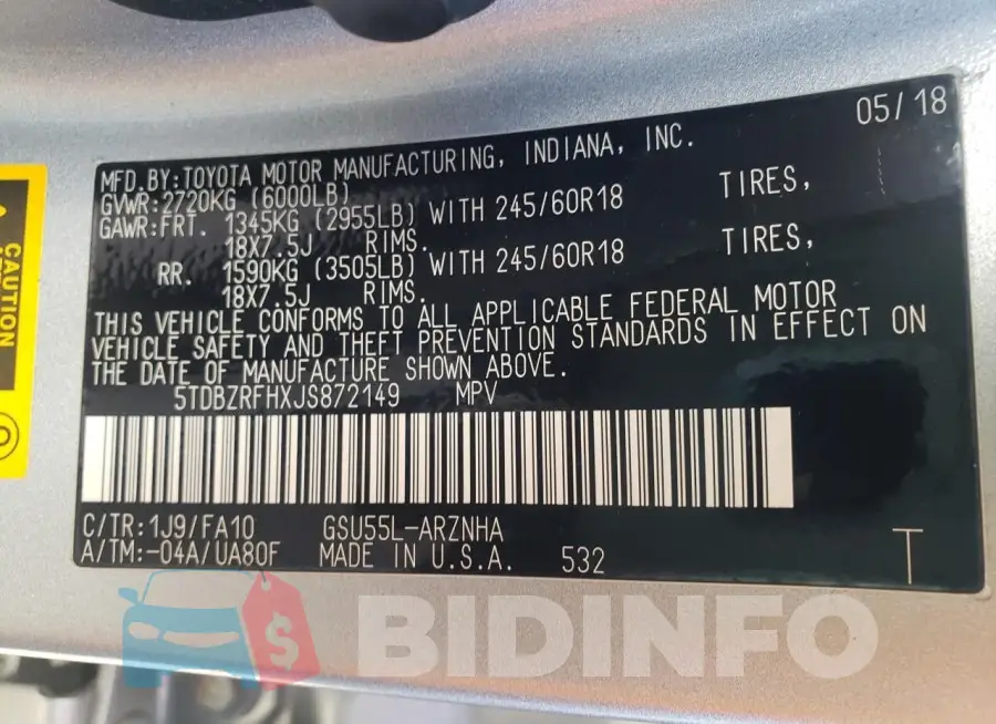 5TDBZRFHXJS872149 Photo# 14