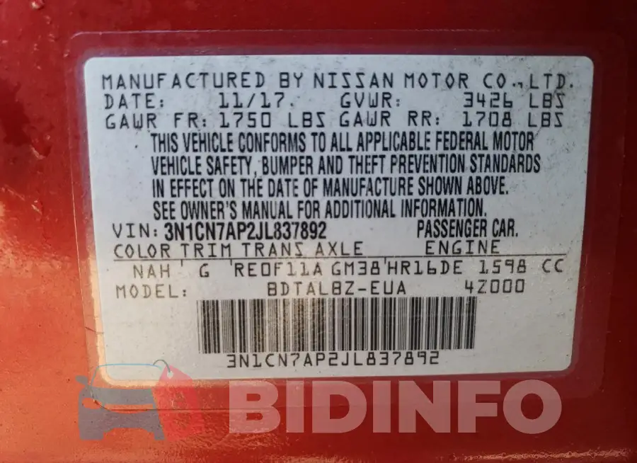 3N1CN7AP2JL837892 Photo# 13