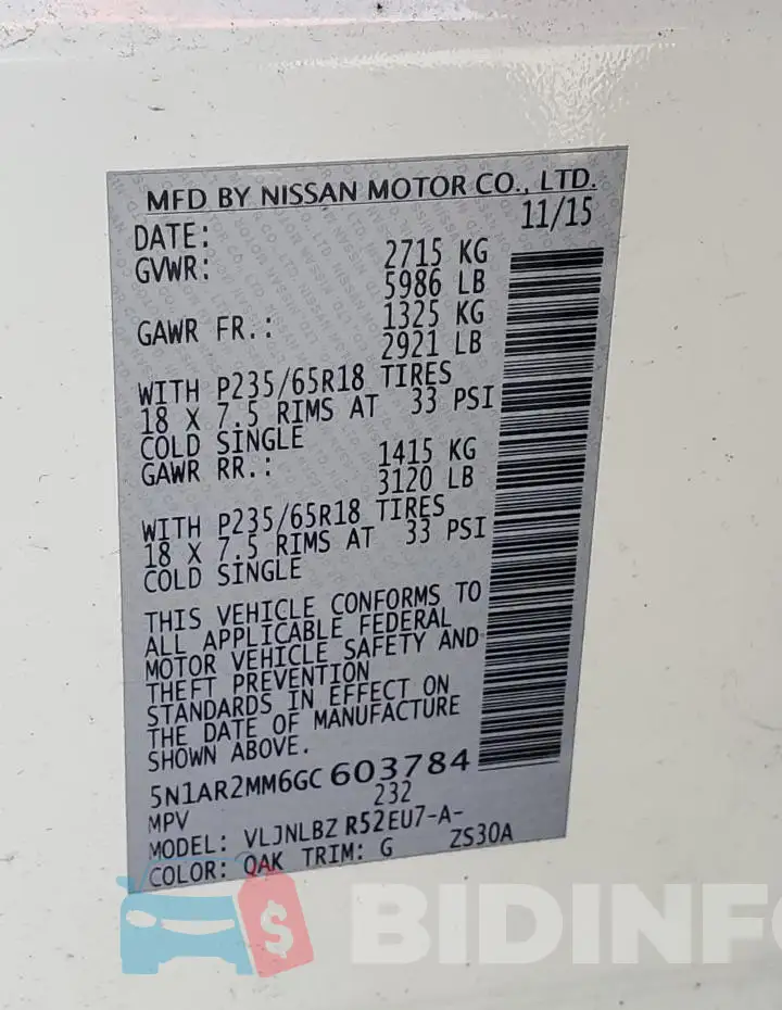5N1AR2MM6GC603784 Photo# 13
