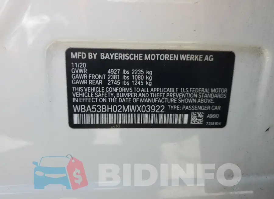 WBA53BH02MWX03922 Photo# 12