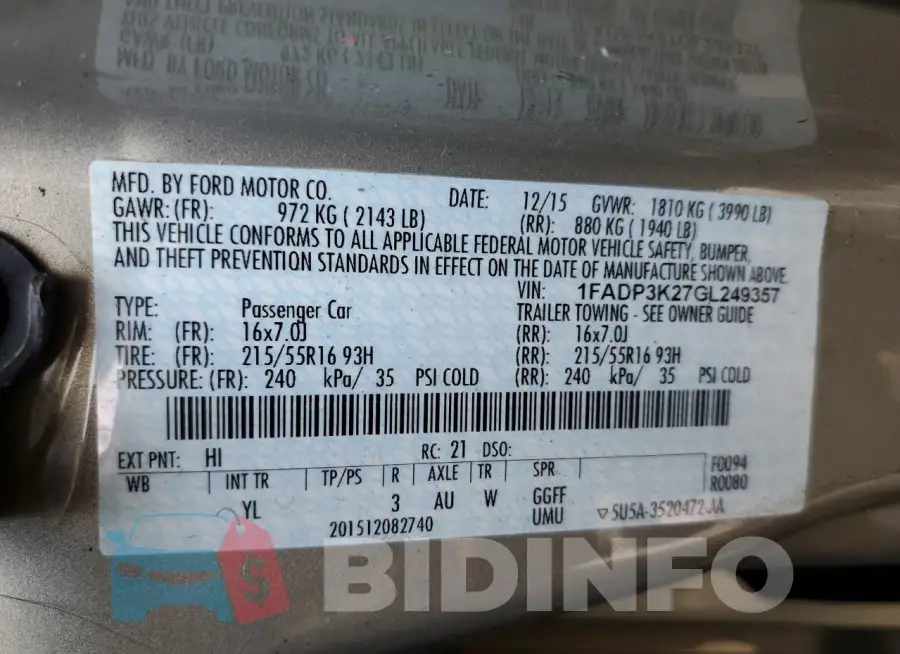 1FADP3K27GL249357 Photo# 12