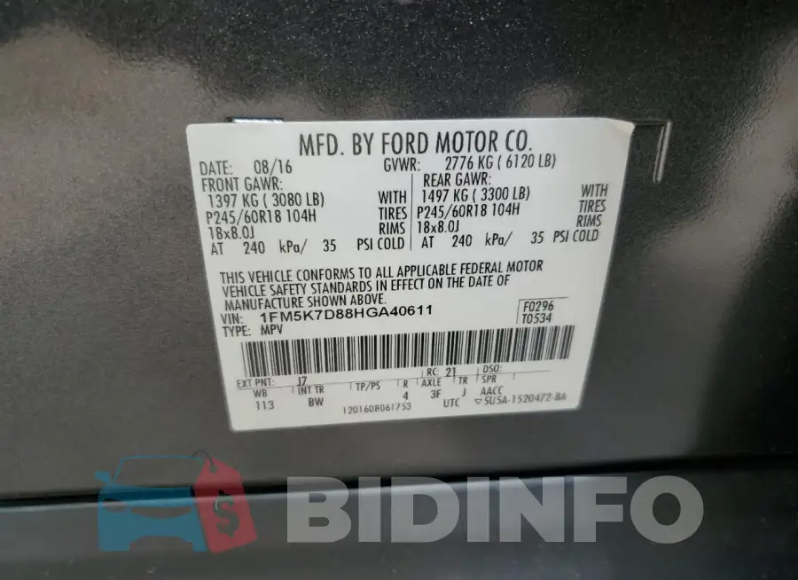 1FM5K7D88HGA40611 Photo# 13