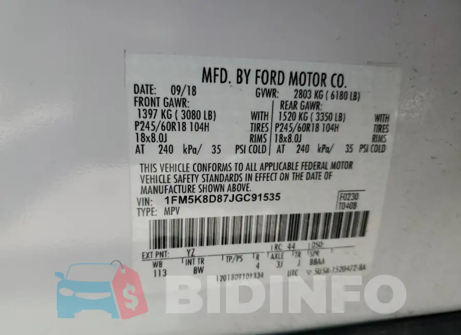 1FM5K8D87JGC91535 Photo# 14